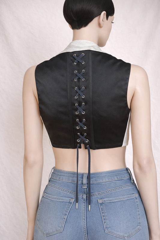 Jean Paul Gaultier Femme – Bicolour crop gilet with lace-up back authentic vintage icon