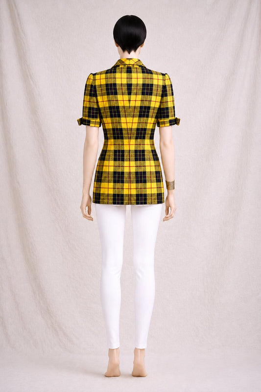Blazer vintage linen jacket Cacharel in yellow and black tartan