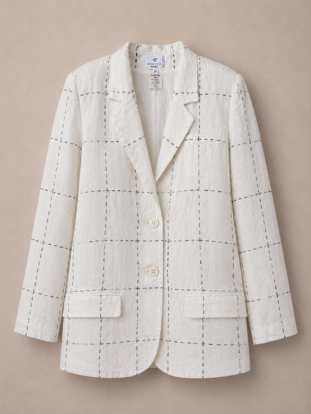 Authentic Inscription Rykiel vintage blazer in natural white linen with embroidered black check pattern