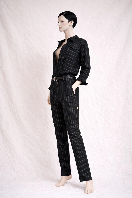 Authentic Balmain Runway Jumpsuit in Black Denim with Gold Stripes