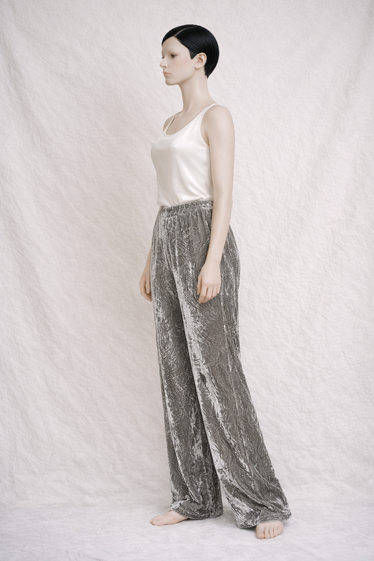 High-waisted Gianfranco Ferré silver silk velvet trousers, new