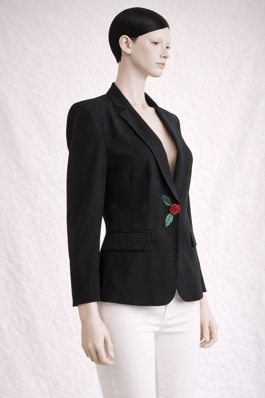 Blazer noir Moschino avec bouton rose