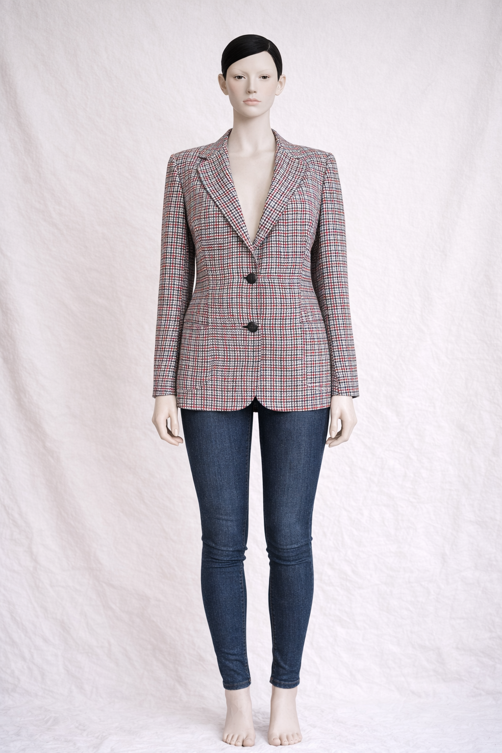 Blazer Burberrys authentique en laine vierge, motif tartan gris et rouge