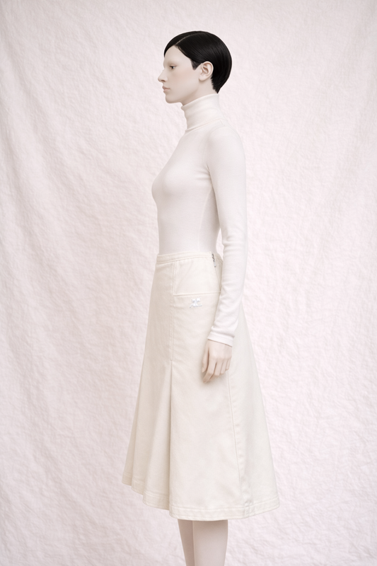 Courrèges Paris – A-line skirt in cream wool with embroidered logo circa 1990s