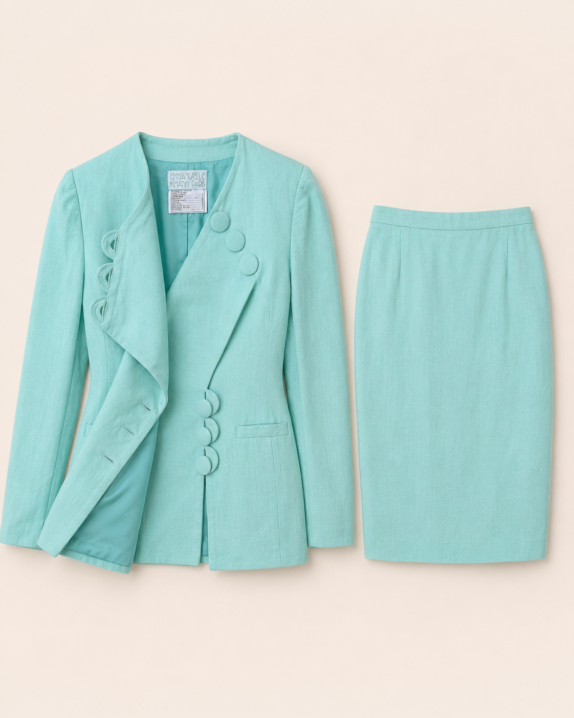 Tailleur jupe en lin turquoise Emmanuelle Khanh Paris vintage