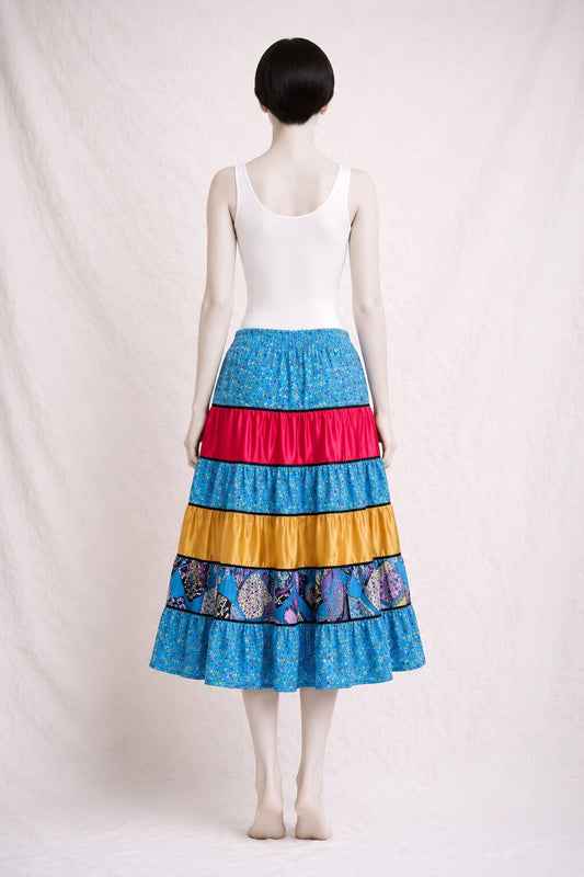 Authentic Blue Patchwork Long Skirt Chacok Paris Vintage