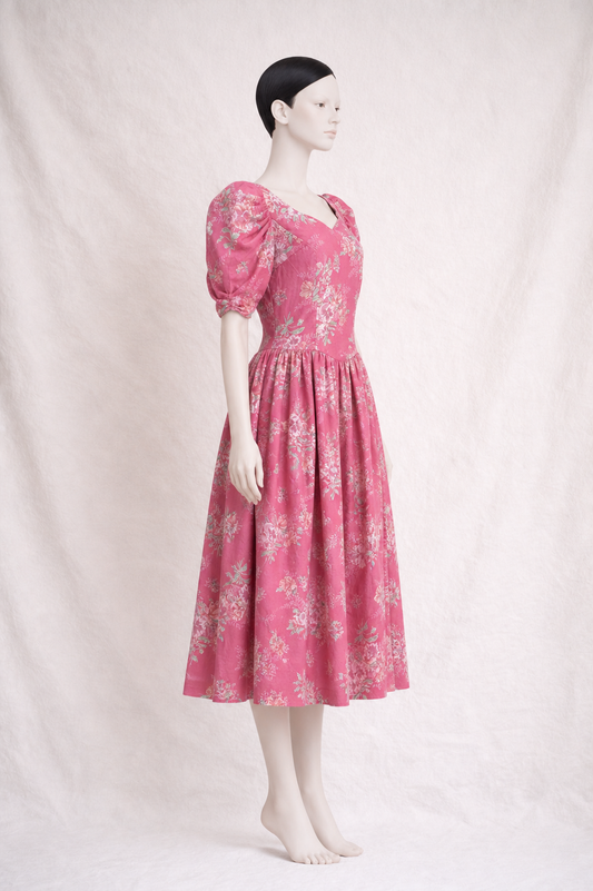 Long romantic dress Laura Ashley in vintage floral cotton with back bow