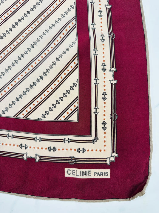 Authentic vintage Céline silk scarf in burgundy and cream