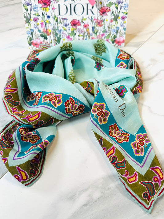 Christian Dior Vintage Authentic Silk Crepe Butterfly Pattern Scarf