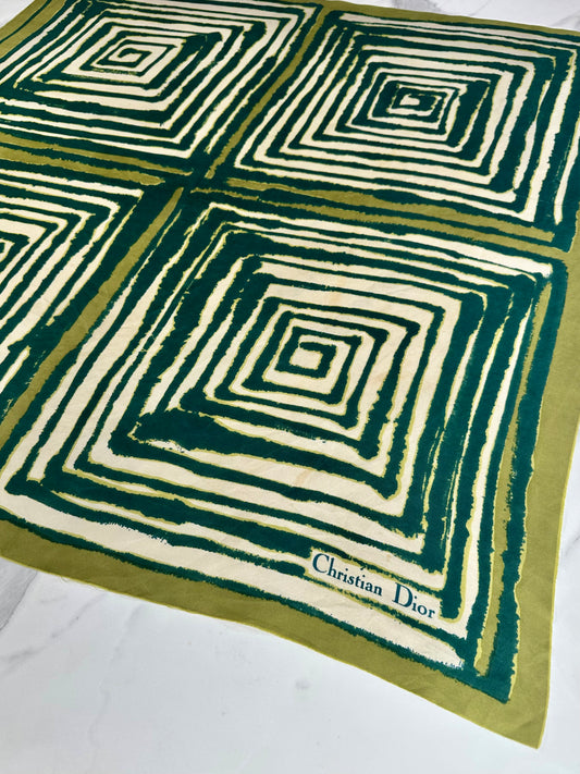 Carré en soie Christian Dior vert motif graphique spirale géométrique vintage authentique