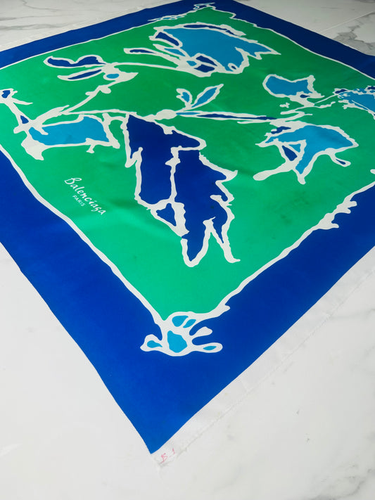 Authentic vintage Balenciaga teal silk scarf with abstract floral print