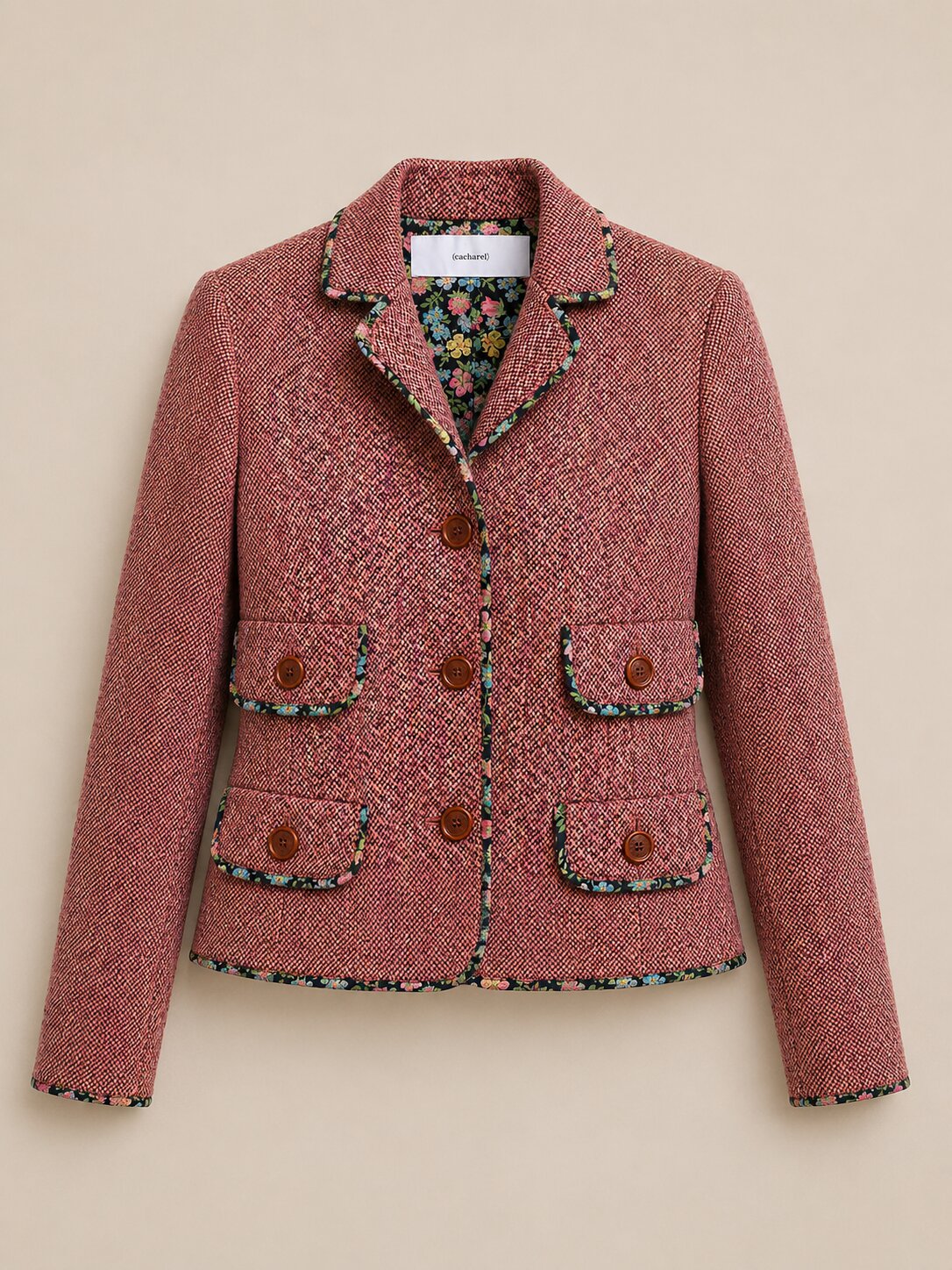 Authentique blazer Cacharel en tweed de laine vierge rose chiné vintage