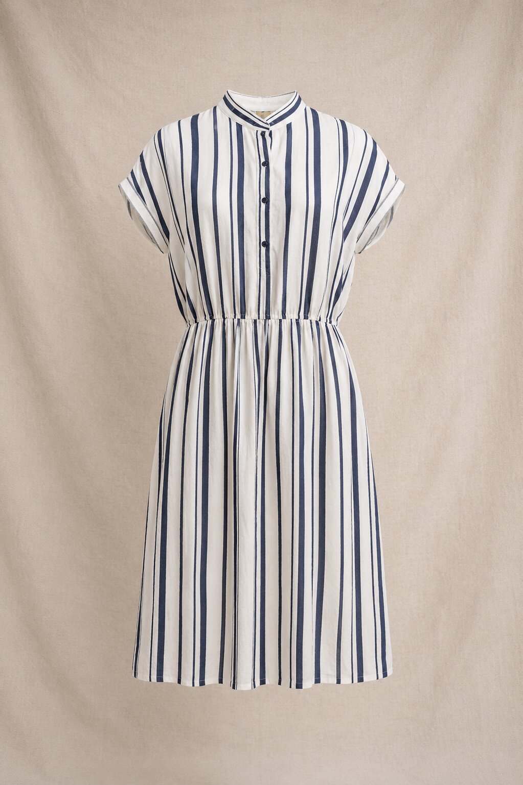 Authentique robe Louis Féraud Paris en soie à rayures bleu marine et blanc cassé