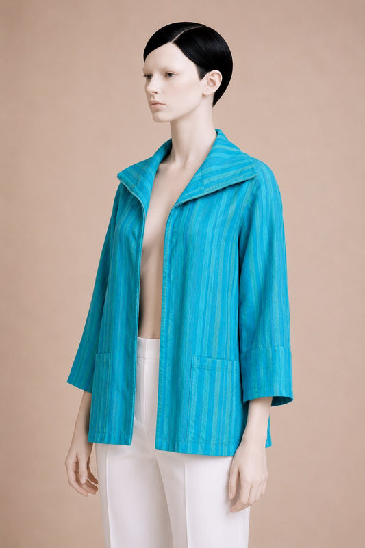 Authentic vintage lightweight Lanvin Paris jacket in turquoise jacquard cotton