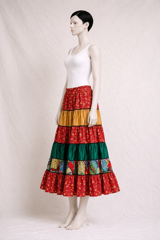 Authentic Red Patchwork Long Skirt Chacok Paris Vintage