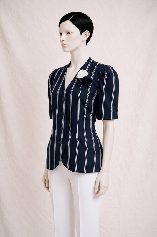 Summer Blazer Pierre Balmain Paris in vintage navy cotton with puffed sleeves