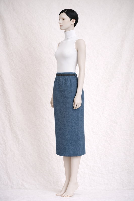 Chloé – Blue Mélange Wool Pencil Skirt with Authentic Vintage Belt