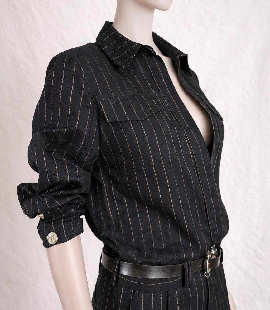 Combinaison de défilé authentique Balmain en denim noir à rayures dorées
