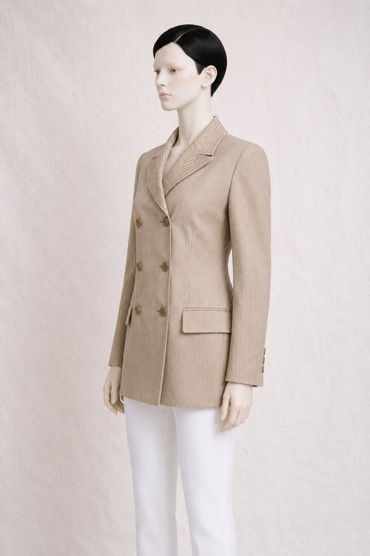 Authentic vintage beige long blazer Louis Feraud in wool and linen
