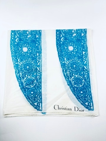 Carré Christian Dior en coton bleu et blanc motif floral vintage authentique