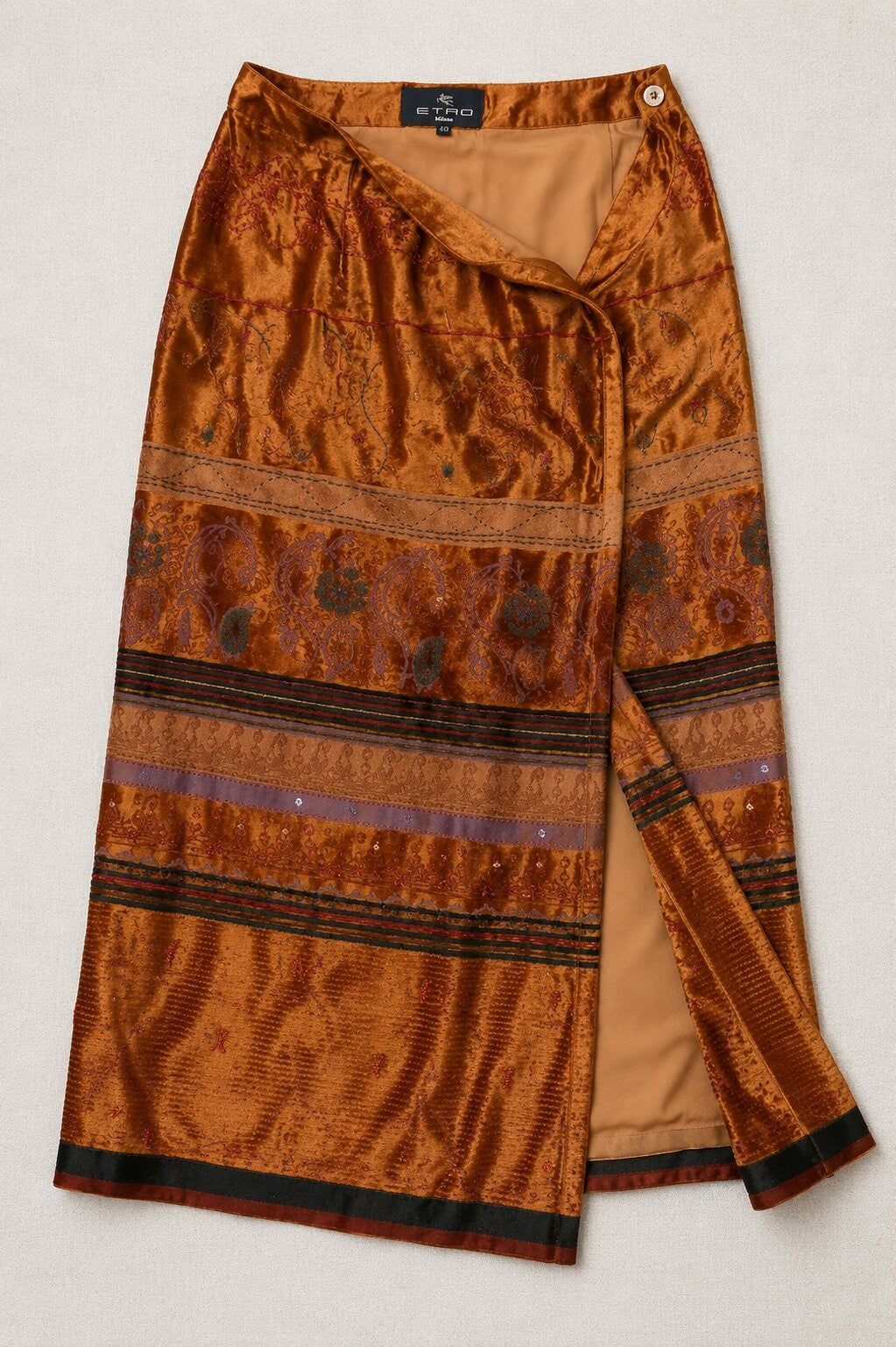 Jupe portefeuille longue Etro vintage authentique en velours de soie ocre