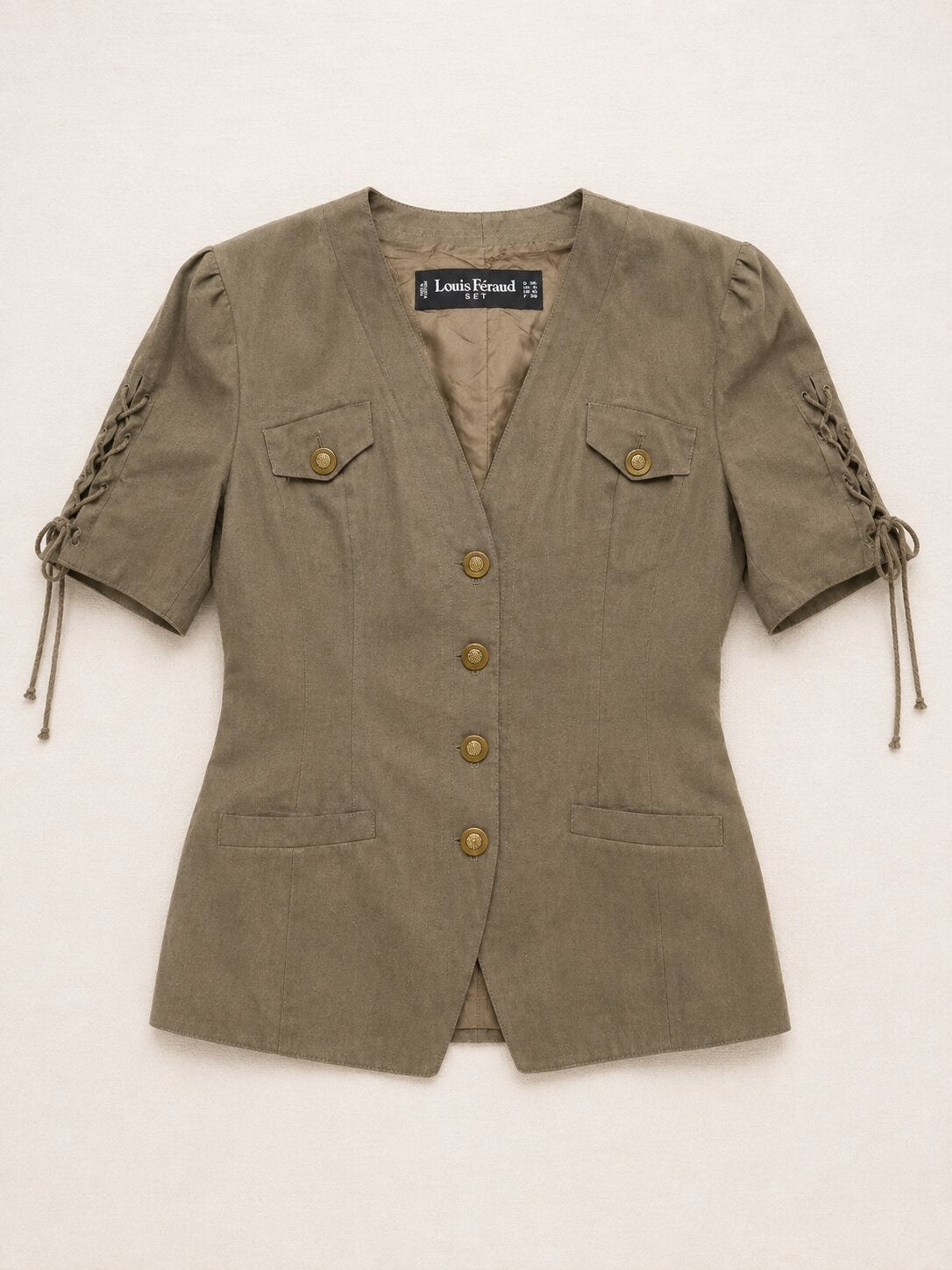 Blazer Authentique Vintage en Soie et Lin Khaki Louis Féraud