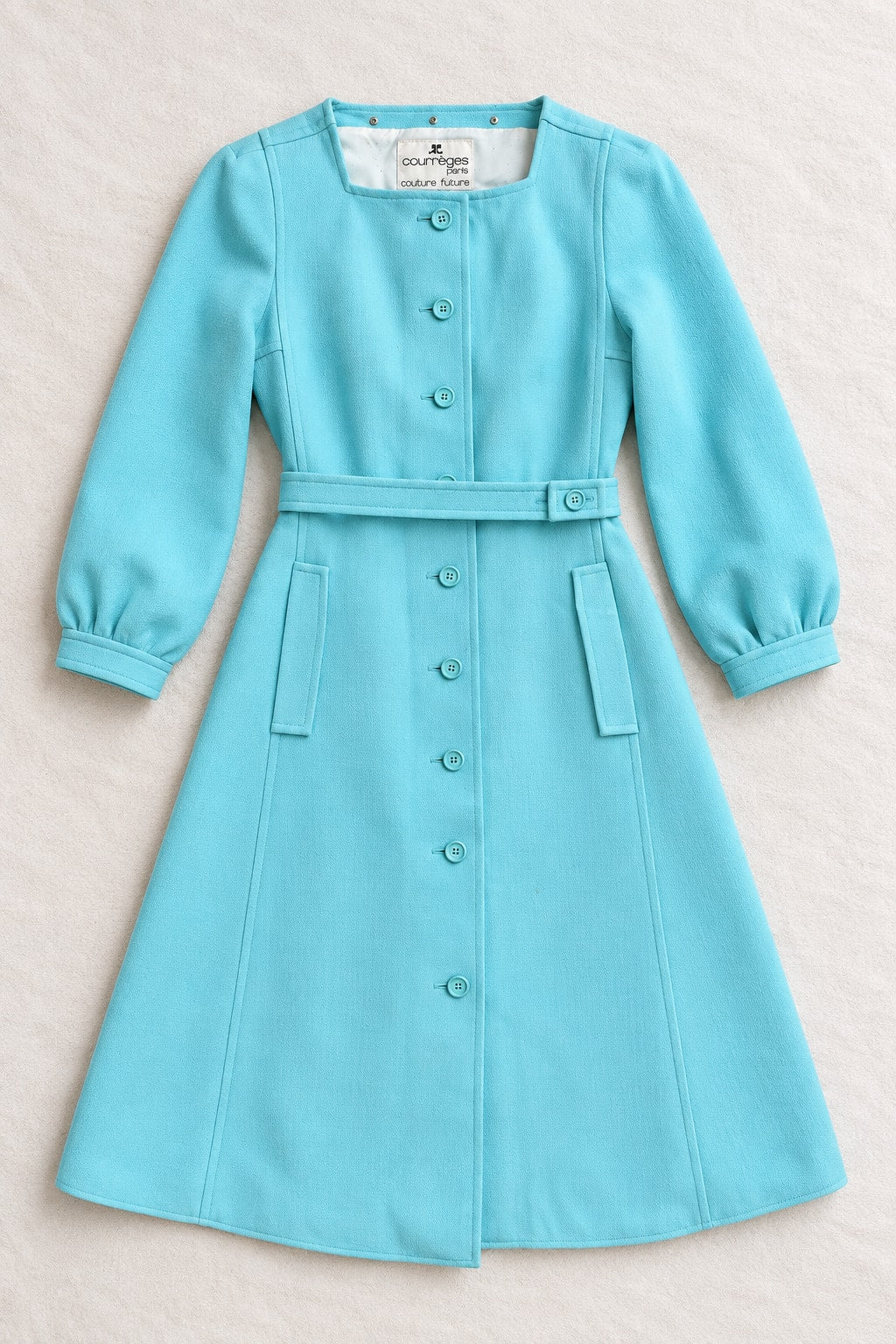 Manteau Courrèges en laine turquoise vintage authentique