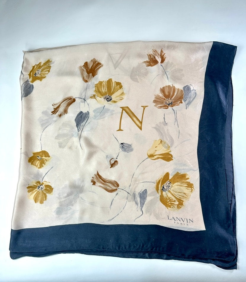 Authentic Vintage Black and Beige Floral Pattern Silk Scarf by Lanvin