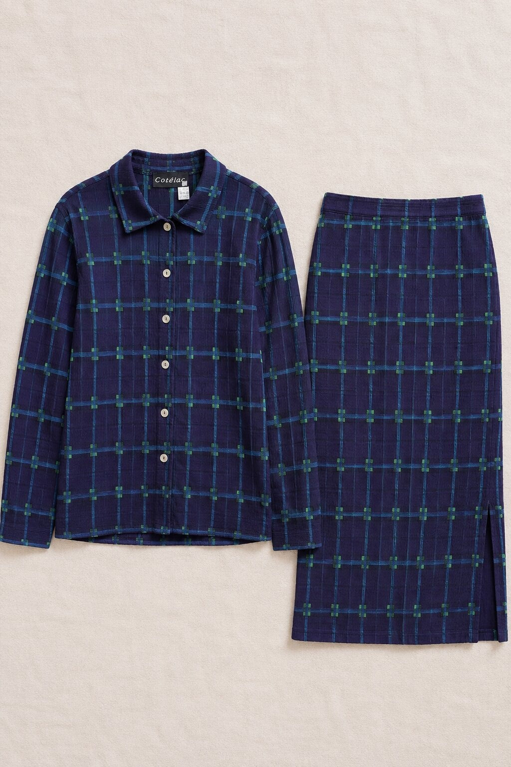 Cotélac Vintage Purple Blue Shirt and Skirt Set
