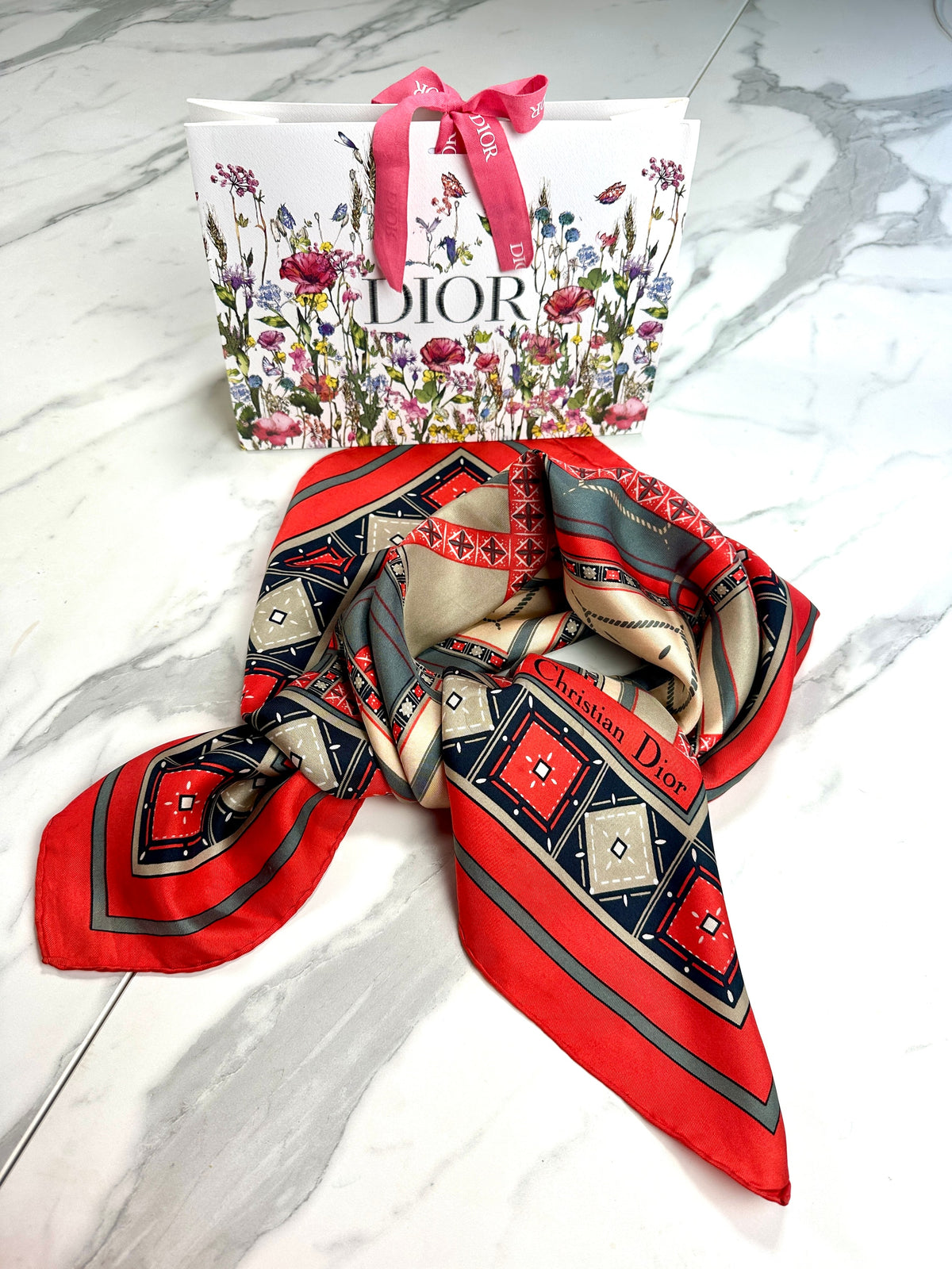 Authentic vintage red and beige geometric silk scarf Christian Dior