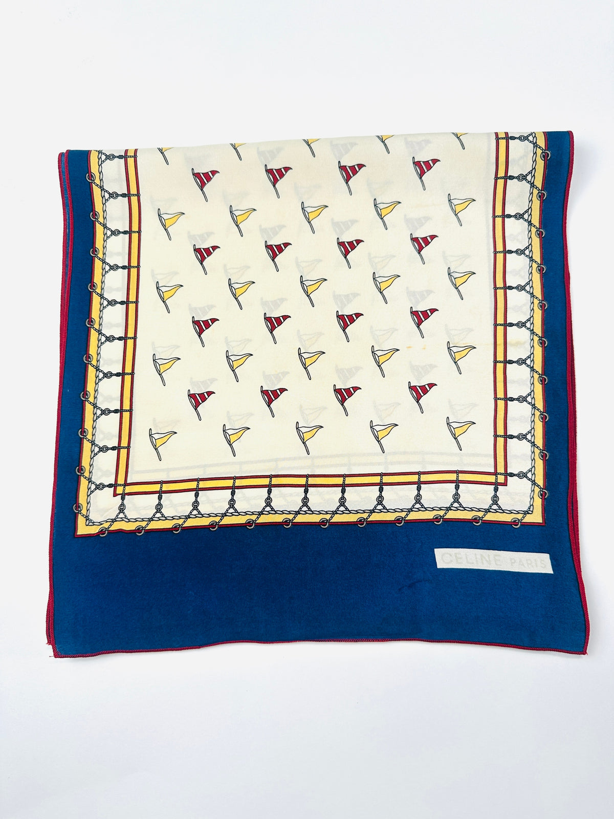 Foulard Céline en soie beige et bleu motif marin vintage authentique
