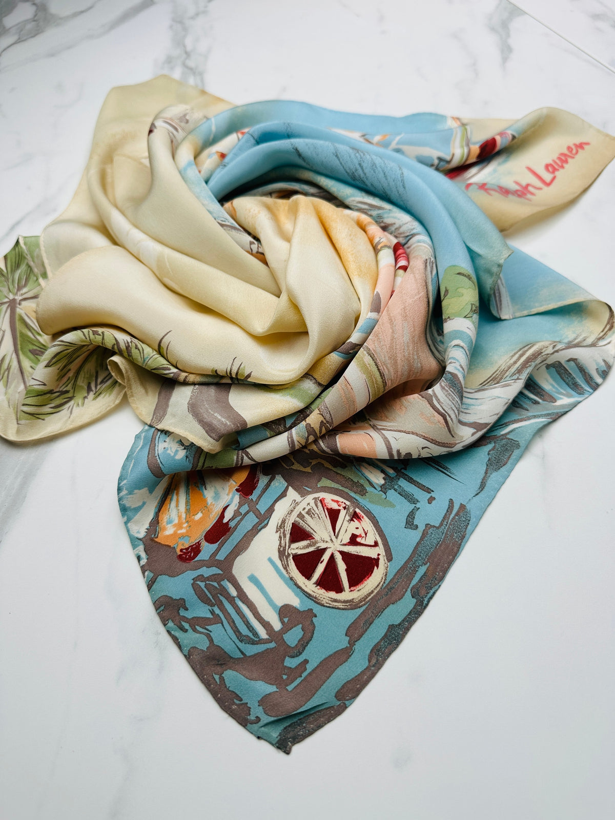 Foulard en soie vintage authentique motif côtier azur et beige par Ralph Lauren