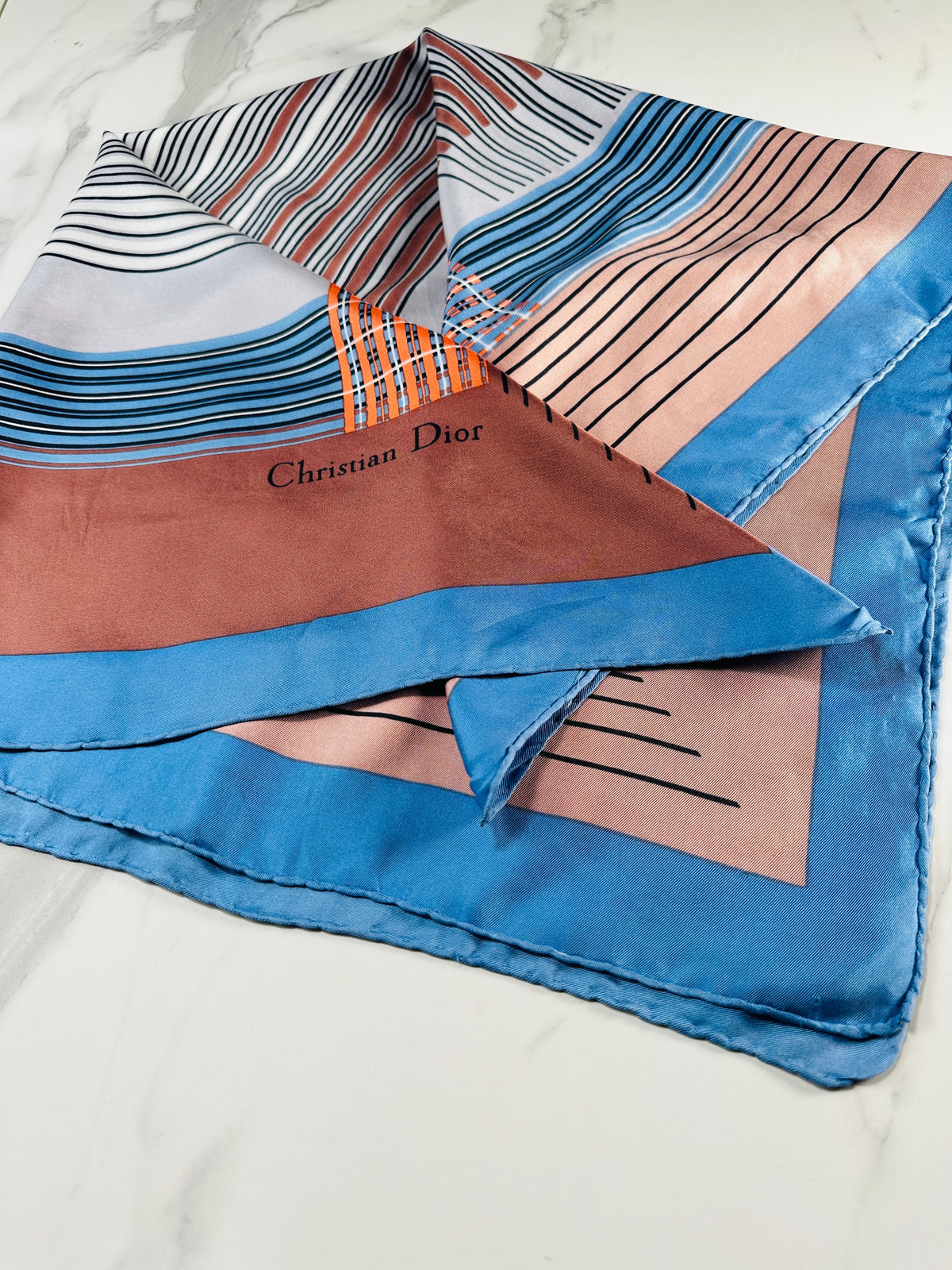 Foulard Dior Vintage Authentique en Soie à Motif Géométrique Bleu et Bronze