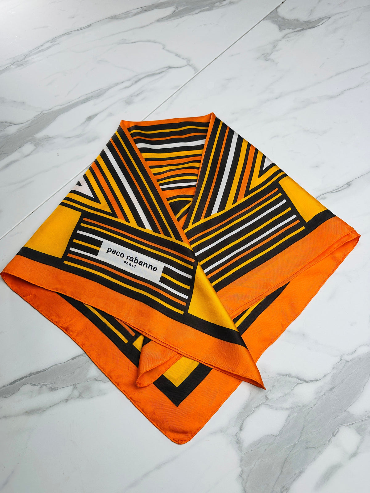 Authentic vintage orange and yellow geometric pattern silk scarf by Paco Rabanne