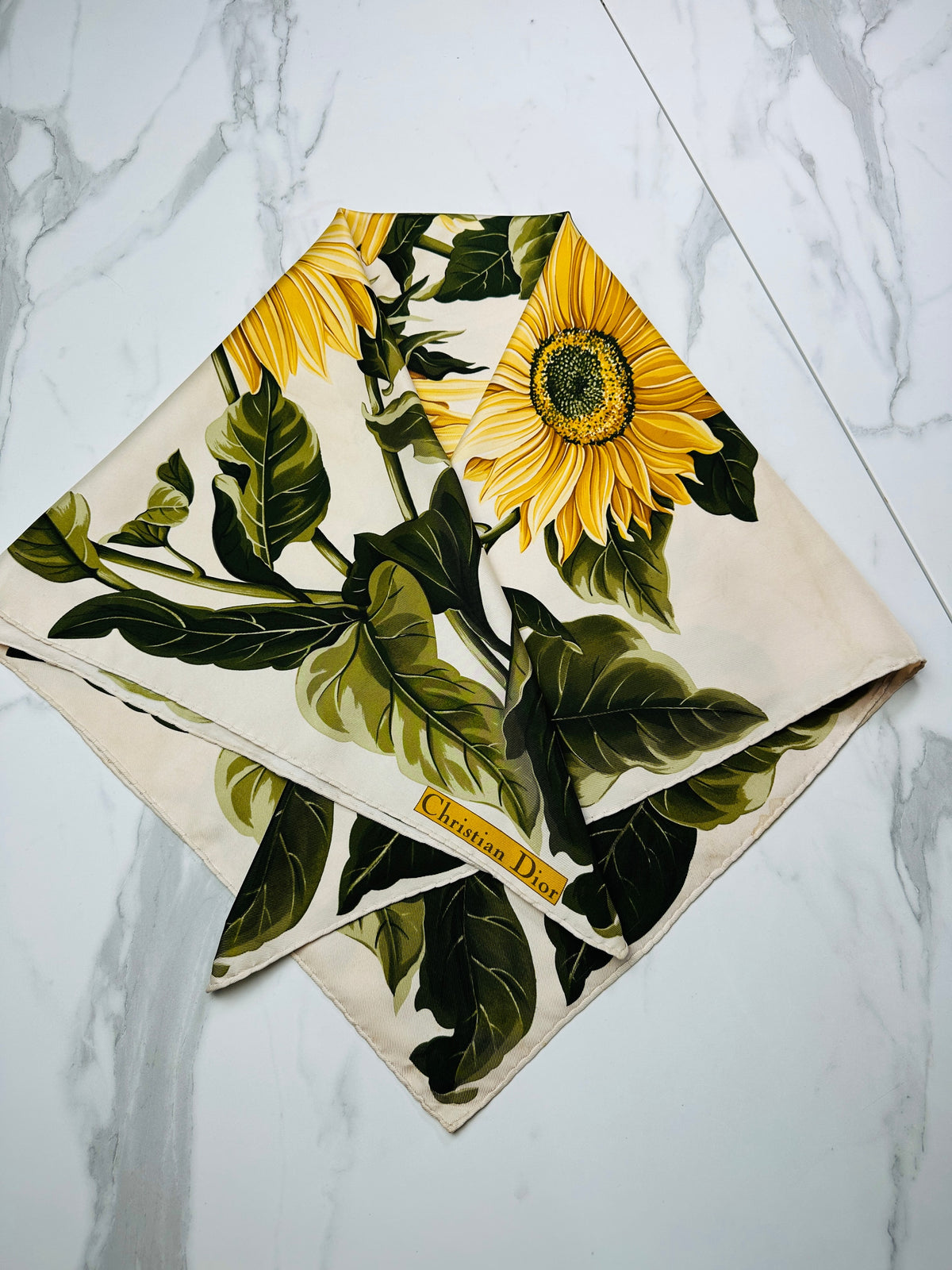 Grand foulard Christian Dior en ivoire et vert avec motif tournesol vintage Authentique