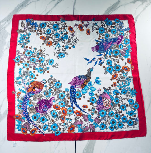 Grand foulard Christian Dior en soie rouge et blanche avec motif floral vintage authentique