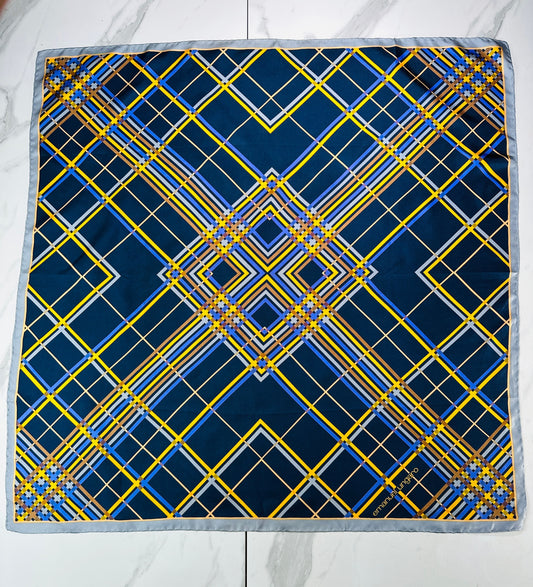 Large silk scarf Emanuel Ungaro navy blue with authentic vintage geometric pattern
