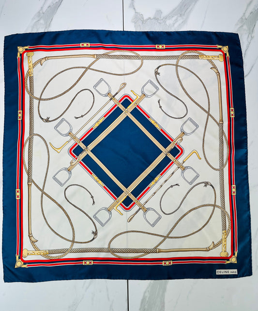Céline Authentic Vintage Silk Scarf in Navy and Cream with Equestrian Pattern
