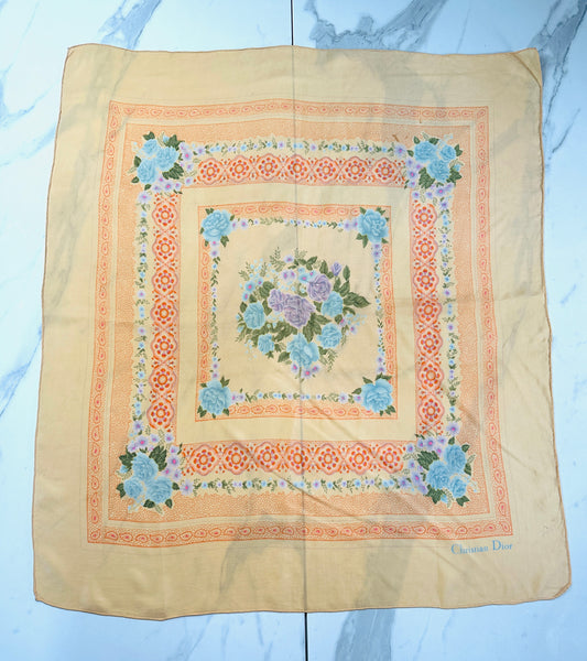 Foulard en soie vintage authentique Christian Dior à motif floral abricot et bleu