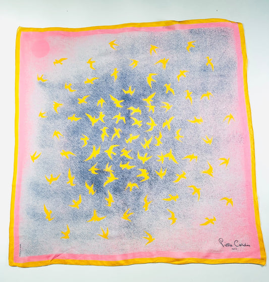 Silk Scarf Pierre Cardin in Pink and Yellow Vintage Bird Pattern