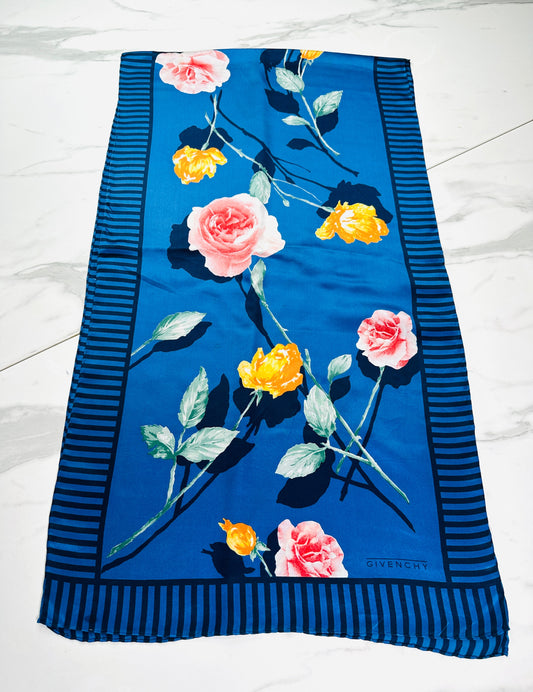 Givenchy Silk Scarf in Blue and Pink Floral Vintage Authentic