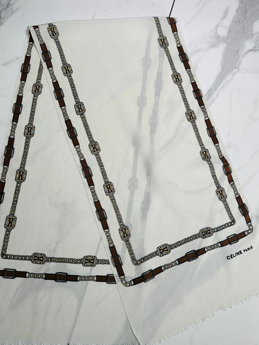 Céline Silk Crepe Scarf in Cream and Brown with Vintage Chain Pattern