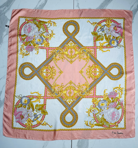 Large silk scarf Pierre Cardin pink and cream with authentic vintage floral pattern
