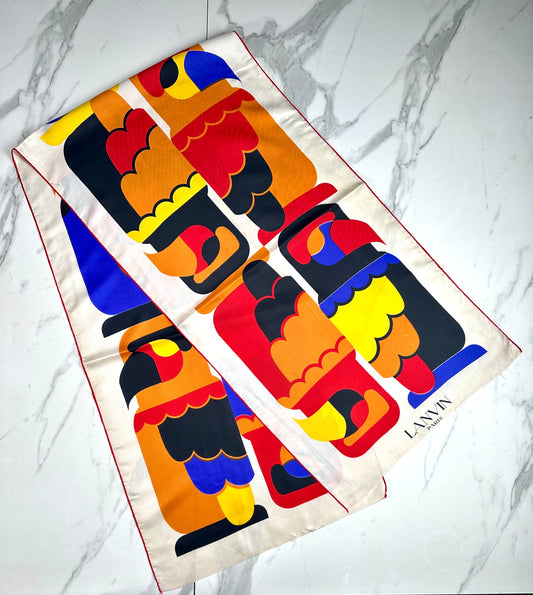 Authentic Vintage Lanvin Silk Scarf in Multicolour with Geometric Pattern