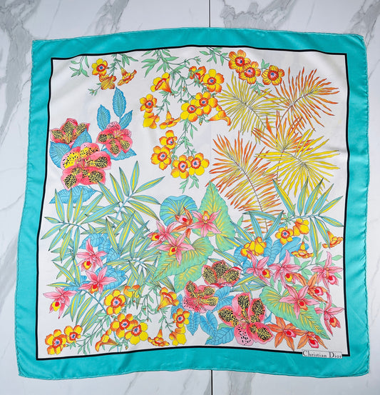 Large silk scarf Christian Dior turquoise and ivory with authentic vintage floral pattern