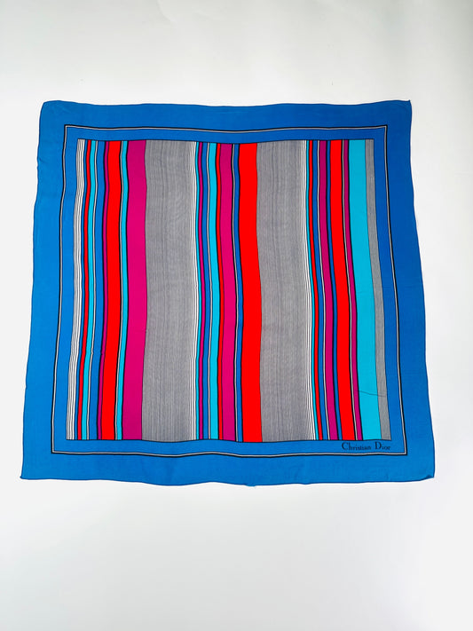 Silk scarf Christian Dior in blue and fuchsia vintage stripes authentic
