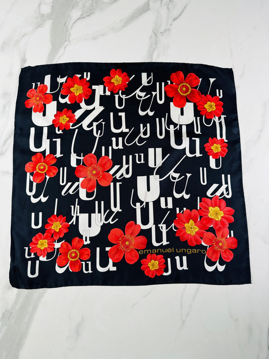 Silk Scarf Emanuel Ungaro in Black and Red Vintage Floral Pattern