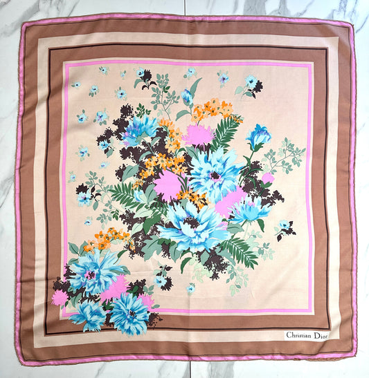 Christian Dior Silk Satin Square in Beige and Bronze with Vintage Floral Pattern