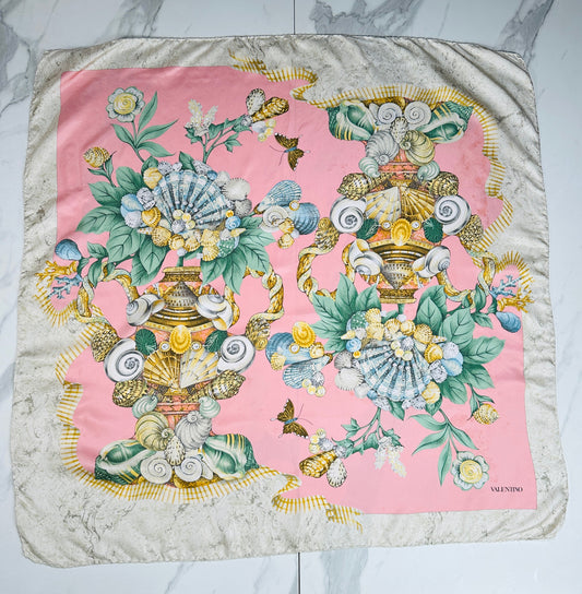 Large Valentino silk satin square in pink and ivory with vintage floral pattern