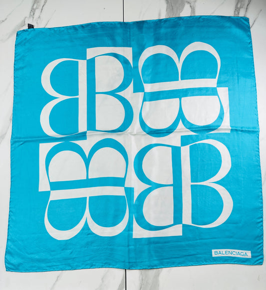 Authentic vintage Balenciaga silk scarf with blue and white logo pattern